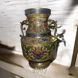 Antique Japanese Bronze Champleve Cloisonné Enamel Vase Dragon Handle 12