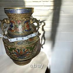 Antique Japanese Bronze Champleve Cloisonné Enamel Vase Dragon Handle 12