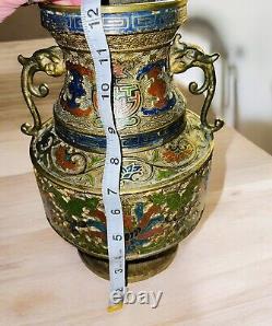 Antique Japanese Bronze Champleve Cloisonné Enamel Vase Dragon Handle 12