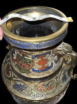 Antique Japanese Bronze Champleve Cloisonné Enamel Vase Dragon Handle 12