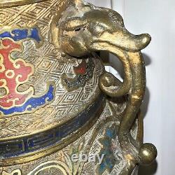 Antique Japanese Bronze Champleve Cloisonné Enamel Vase Dragon Handle 12