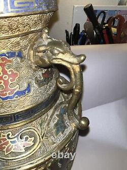 Antique Japanese Bronze Champleve Cloisonné Enamel Vase Dragon Handle 12