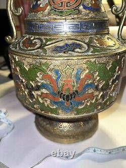 Antique Japanese Bronze Champleve Cloisonné Enamel Vase Dragon Handle 12