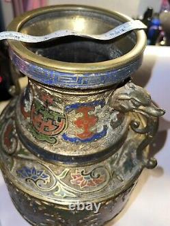 Antique Japanese Bronze Champleve Cloisonné Enamel Vase Dragon Handle 12