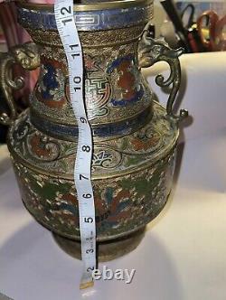 Antique Japanese Bronze Champleve Cloisonné Enamel Vase Dragon Handle 12