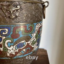 Antique Japanese Bronze Champleve Cloisonné Enamel Vase with Bird Handles