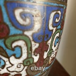 Antique Japanese Bronze Champleve Cloisonné Enamel Vase with Bird Handles