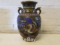 Antique Japanese Bronze Champleve Enamel Cloisonne Vase / Urn with Dragon Dec