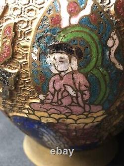 Antique Japanese Bronze Champleve Enamel Urn Vase With 2 Seated Buddhas