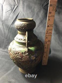 Antique Japanese Bronze Champleve Enamel Urn Vase With 2 Seated Buddhas