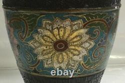 Antique Japanese Bronze Cloisonné Enameled Vase/Urn, Foo Dog Handles, 8.5 Tall