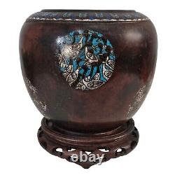 Antique Japanese Bronze & Enamel Champlevé Vase and Stand Cloisonné 9.75