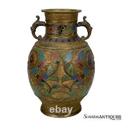 Antique Japanese Bronze Floral Motif Champleve Enamel Urn Vase