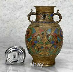 Antique Japanese Bronze Floral Motif Champleve Enamel Urn Vase