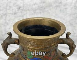 Antique Japanese Bronze Floral Motif Champleve Enamel Urn Vase