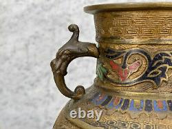 Antique Japanese Bronze Floral Motif Champleve Enamel Urn Vase