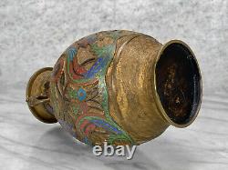 Antique Japanese Bronze Floral Motif Champleve Enamel Urn Vase