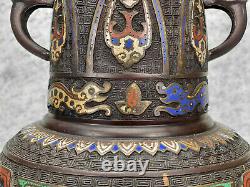 Antique Japanese Bronze Monumental Champleve Enamel Urn Vase
