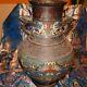 Antique Japanese Champleve Brass Bronze Cloisonne Vessel Vase 12 Tall