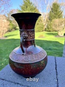 Antique Japanese Champleve Bronze Enamel Cloisonne Vase Urn 11 Double Handle