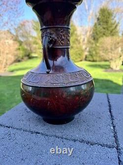 Antique Japanese Champleve Bronze Enamel Cloisonne Vase Urn 11 Double Handle