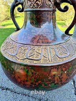 Antique Japanese Champleve Bronze Enamel Cloisonne Vase Urn 11 Double Handle