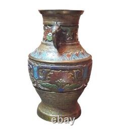 Antique Japanese Champleve Bronze Vase 7 Inches Tall Double Handled