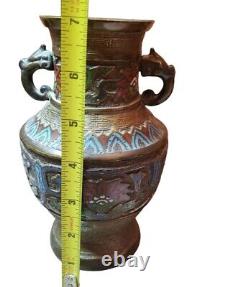 Antique Japanese Champleve Bronze Vase 7 Inches Tall Double Handled