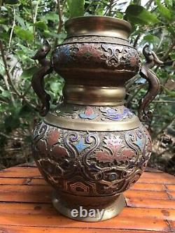Antique Japanese Champleve Cloisonne Vase Dragons 10.5 Inch