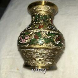 Antique Japanese Champleve Enamel & Brass Vases 5-5 1/2