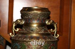 Antique Japanese Champleve Urn Vase Dragon Handles Intricate Designs Brass Metal