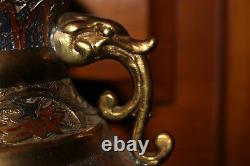 Antique Japanese Champleve Urn Vase Dragon Handles Intricate Designs Brass Metal