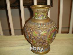 Antique Japanese Champleve Vase Brass Metal Raised Dragons Etched Designs