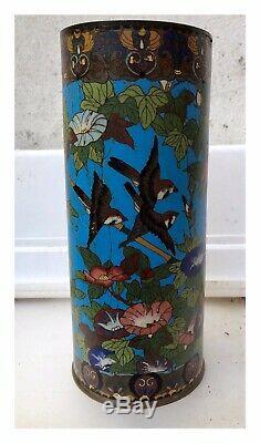 Antique Japanese Chinese Cloisonne Vase, Swallows, Morning Glories, Hat Stand