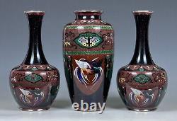 Antique Japanese Cloisonne 3 Piece Garniture Vases Deco 1920s