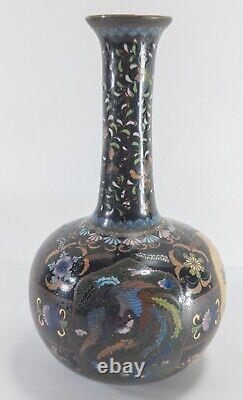 Antique Japanese Cloisonne Bottle Vase Dragon, Birds, Phoenix As Is