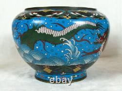 Antique Japanese Cloisonne Bowl Jardinière Turquoise Base With 2 Sea Dragons