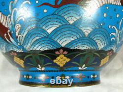 Antique Japanese Cloisonne Bowl Jardinière Turquoise Base With 2 Sea Dragons