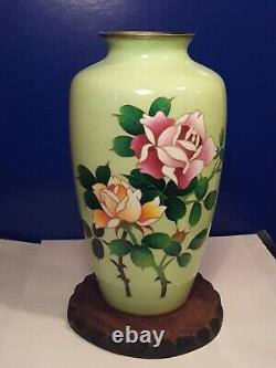 Antique Japanese Cloisonne Celadon Rose Vase Meiji Period