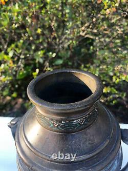 Antique Japanese Cloisonne Champleve Enamel Bronze Urn 2-Handle Vase Cop Mark