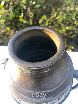 Antique Japanese Cloisonne Champleve Enamel Bronze Urn 2-Handle Vase Cop Mark