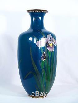 Antique Japanese Cloisonne Champleve Enamel Irises Vase Meiji Period