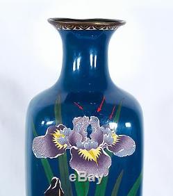 Antique Japanese Cloisonne Champleve Enamel Irises Vase Meiji Period