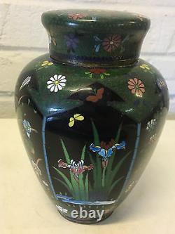 Antique Japanese Cloisonne Covered Urn / Vase with Flowers & Butterfly Decoration