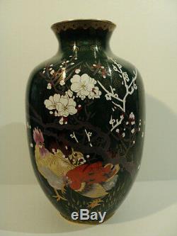 Antique Japanese Cloisonne Enamel 14 Vase, Chicken / Rooster Decoration