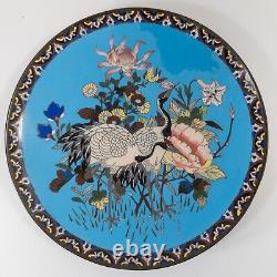 Antique Japanese Cloisonne Enamel Charger with Cranes and Flowers, Restored