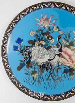 Antique Japanese Cloisonne Enamel Charger with Cranes and Flowers, Restored