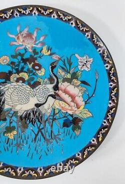 Antique Japanese Cloisonne Enamel Charger with Cranes and Flowers, Restored