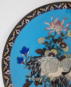 Antique Japanese Cloisonne Enamel Charger with Cranes and Flowers, Restored