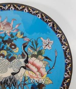 Antique Japanese Cloisonne Enamel Charger with Cranes and Flowers, Restored